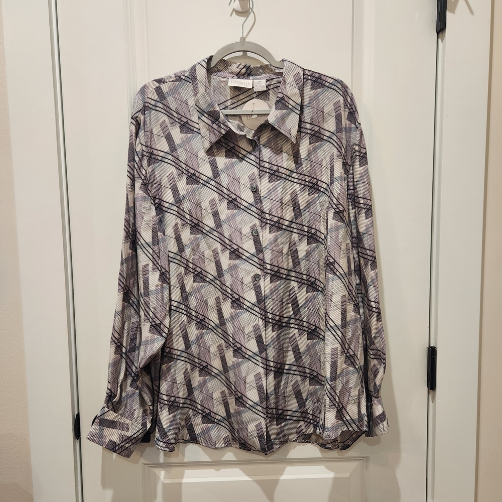 Elisabeth Liz Claiborne 100% Silk Geometric Abstract Print Button Down Blouse 22